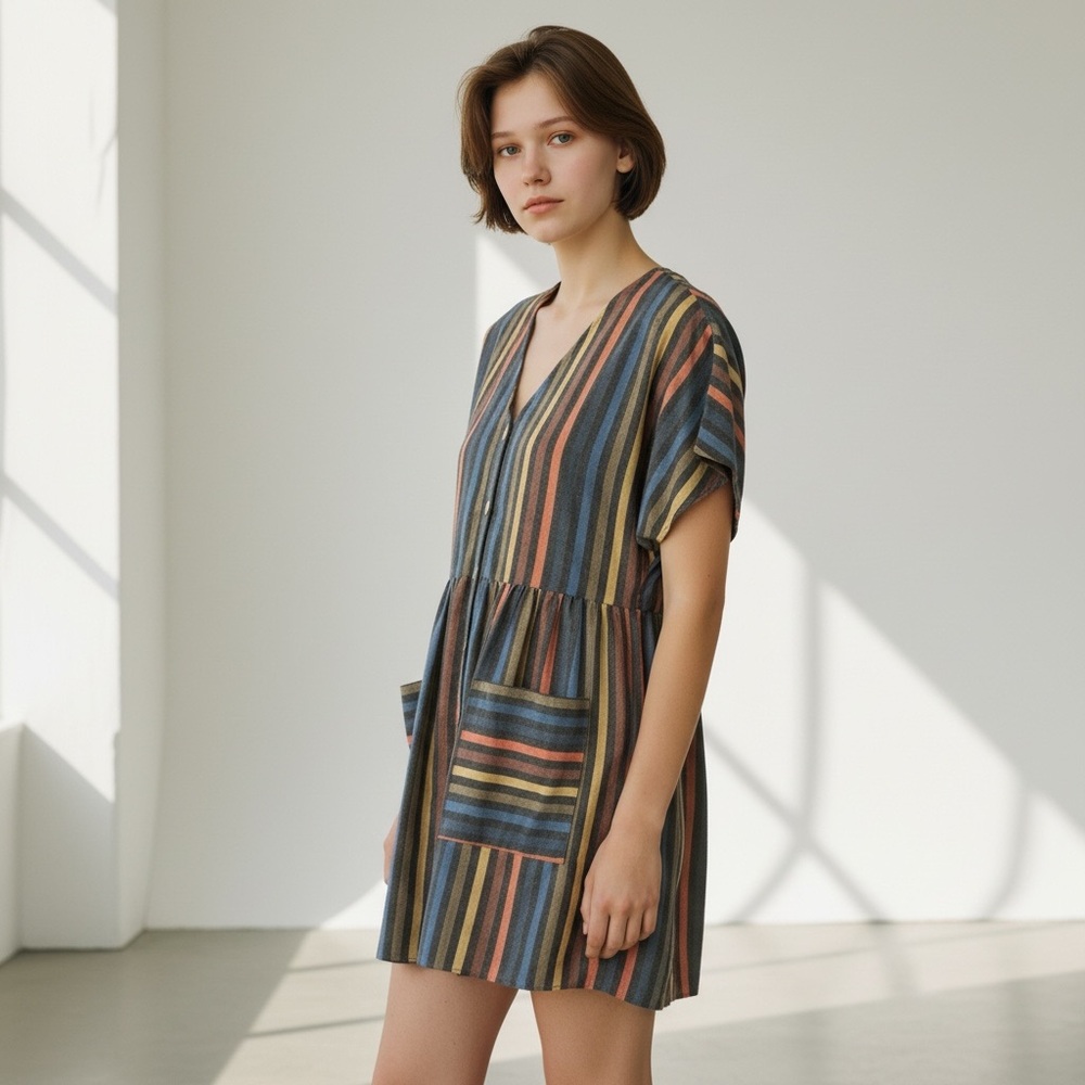 Striped V-Neck Short Sleeve Dress in Multicolor